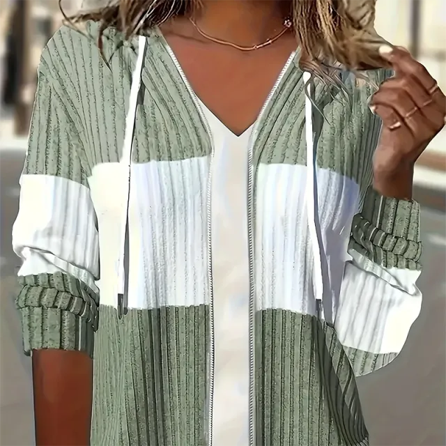 Women's Long Sleeve Color Block Zip Up Hooded Hoodie Jacket Drawstring Ribbed For Spring & Fall Casual Green - Shop at LoveMi