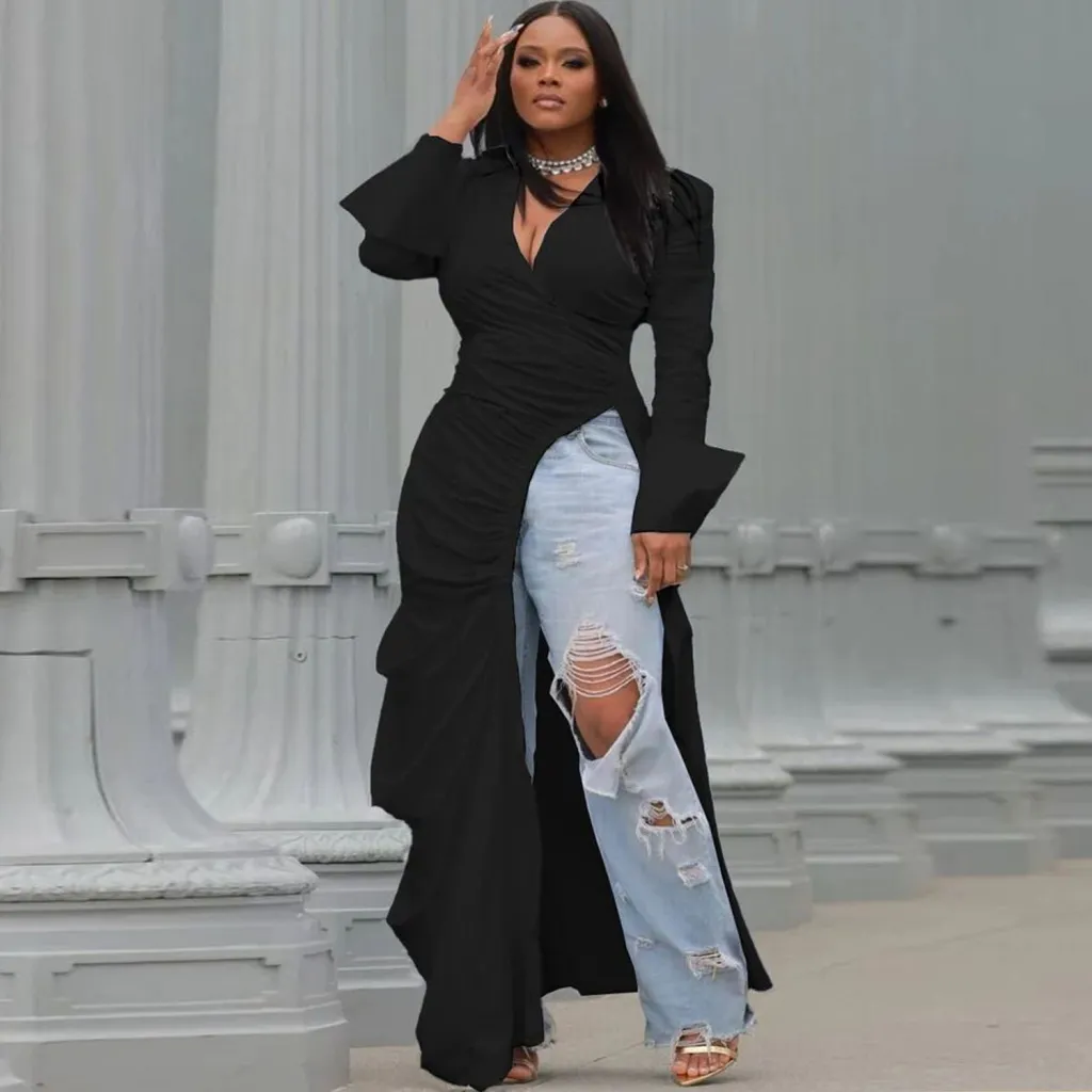 European And American Deep V-side Slim Dress - Black