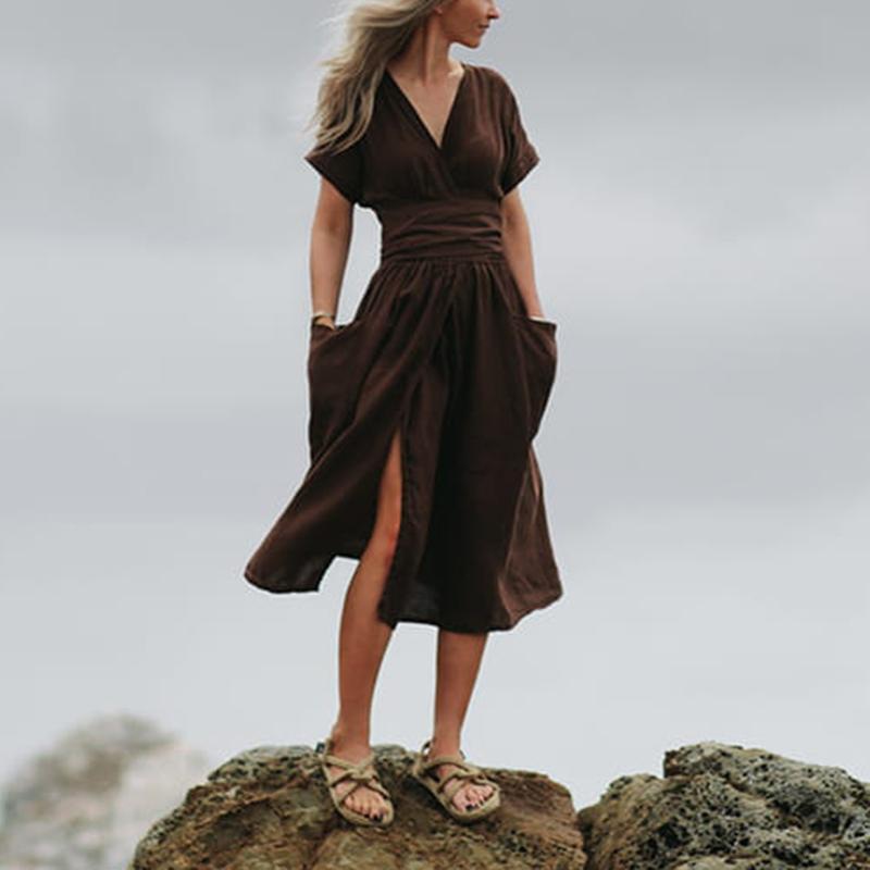 V-neck Cotton And Linen Belt High Waist Short Sleeve