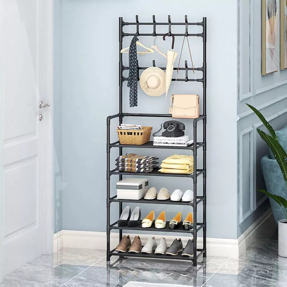 New Coat And Hat Stand 8 Hooks Metal Shoe Rack 5 Tiers Shelf Hanger Black — image 9