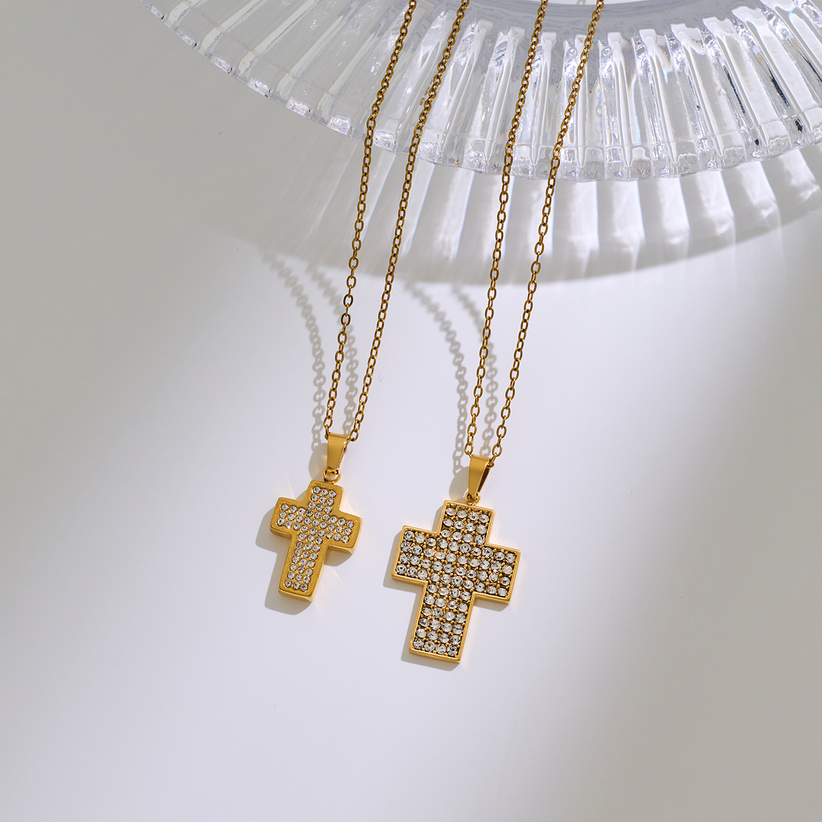 Stainless Steel Cross Pendant Necklace With Rhinestone Inlay