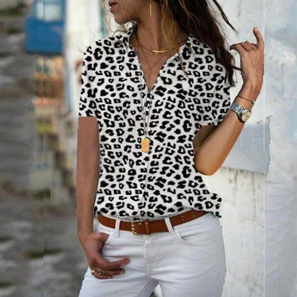 Summer New Style Women's Shirt Fashion Short Sleeved Blouse V Neck Printed Shirt Leopard - Shop at LoveMi