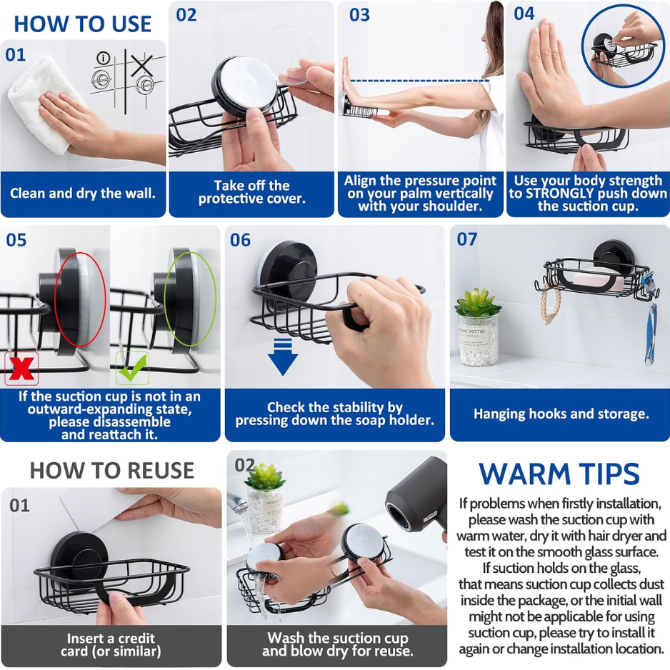 Stainless Steel Soap Holder With Suction Cup & Hooks, Black Wall-Mounted Soap Dish For Bathroom & Shower 2
