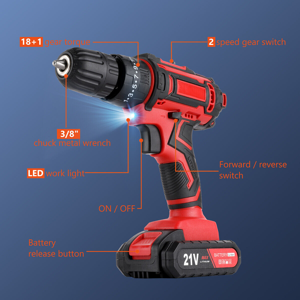 21V Cordless Hammer Drill Set Electric Impact Driver Screwdriver - 2 Battery 4