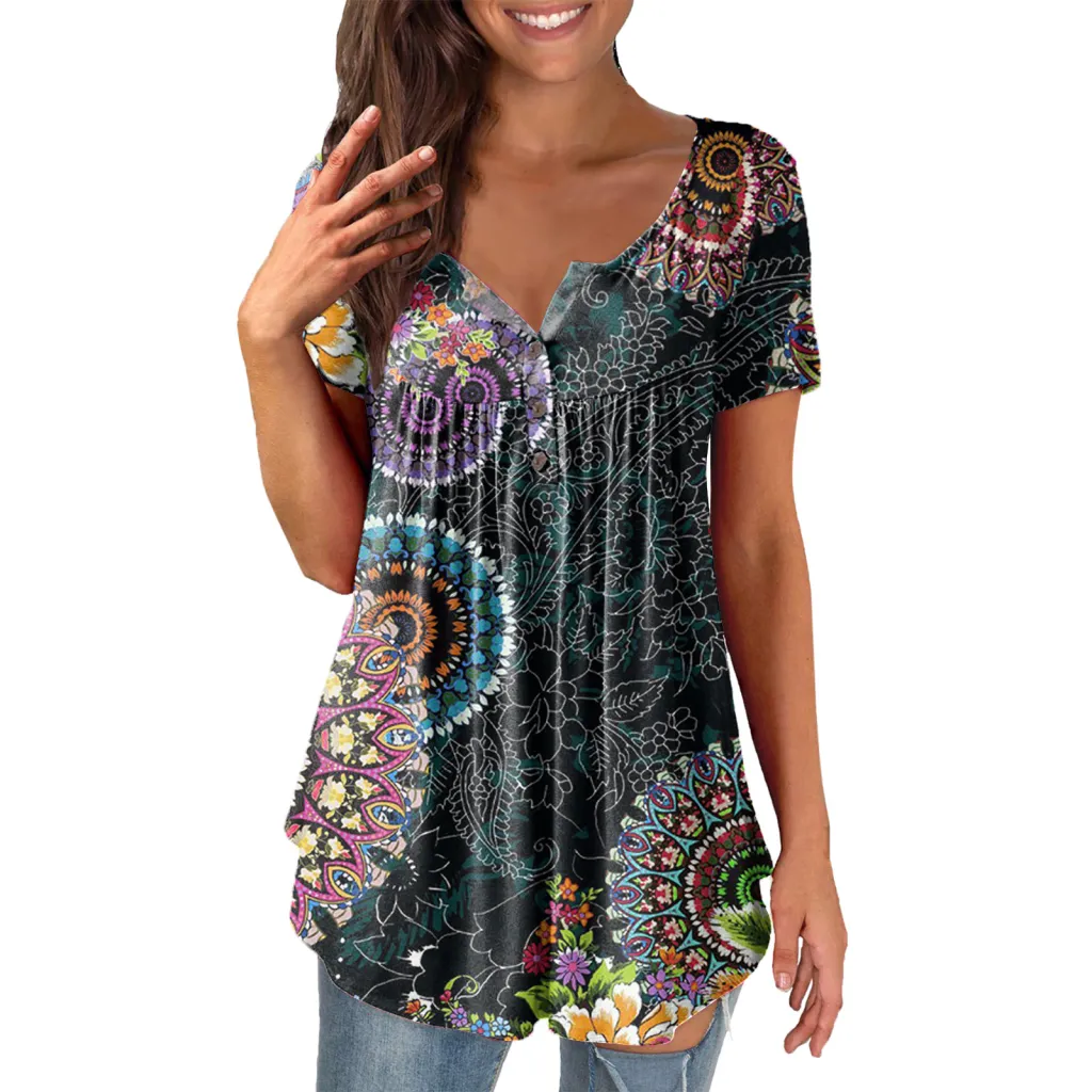 Ladies' Printed Ruffled Pullover Short Sleeve - 12Color-S