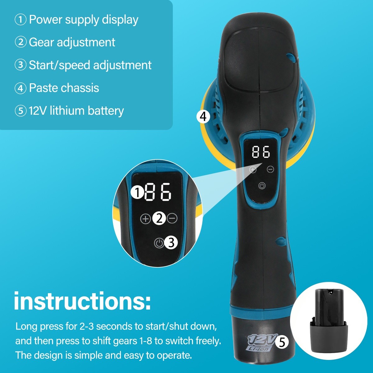 Cordless Car Polisher Buffer Sander Machine Polishing Pads Kit  2x Batteries 5