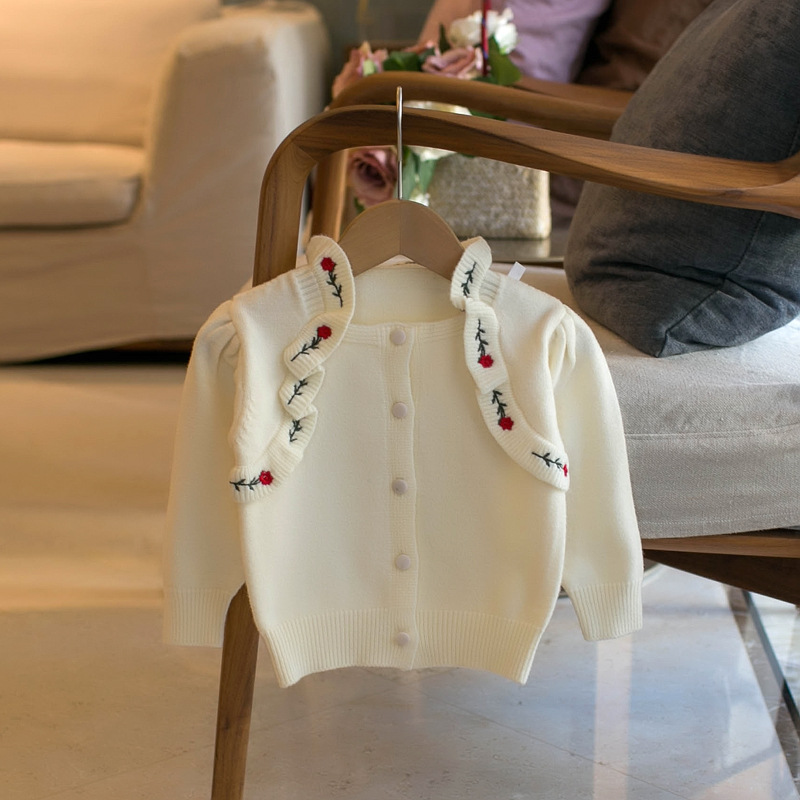 Lace Neck Rose Embroidered Girls Cardigan — foto 5