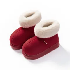 Winter Thick-soled Cotton Shoes House Indoor Outwaer Plus Velvet Warm Snow Boots With Big Fur Cut Plush Ankle Boots For Women - Red - View 1