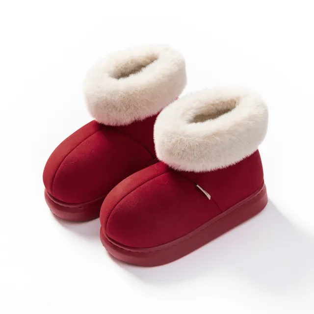 Winter Thick soled Cotton Shoes House Indoor Outwaer Plus Velvet Warm Snow Boots With Big Fur Cut Plush Ankle Boots For Women Red - Shop at LoveMi