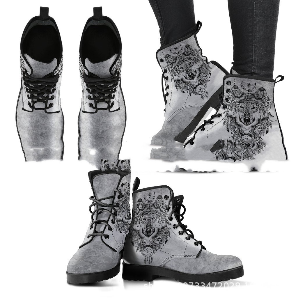 Digital Printed Autumn And Winter Women's High-top Skull Pattern Martin Boots