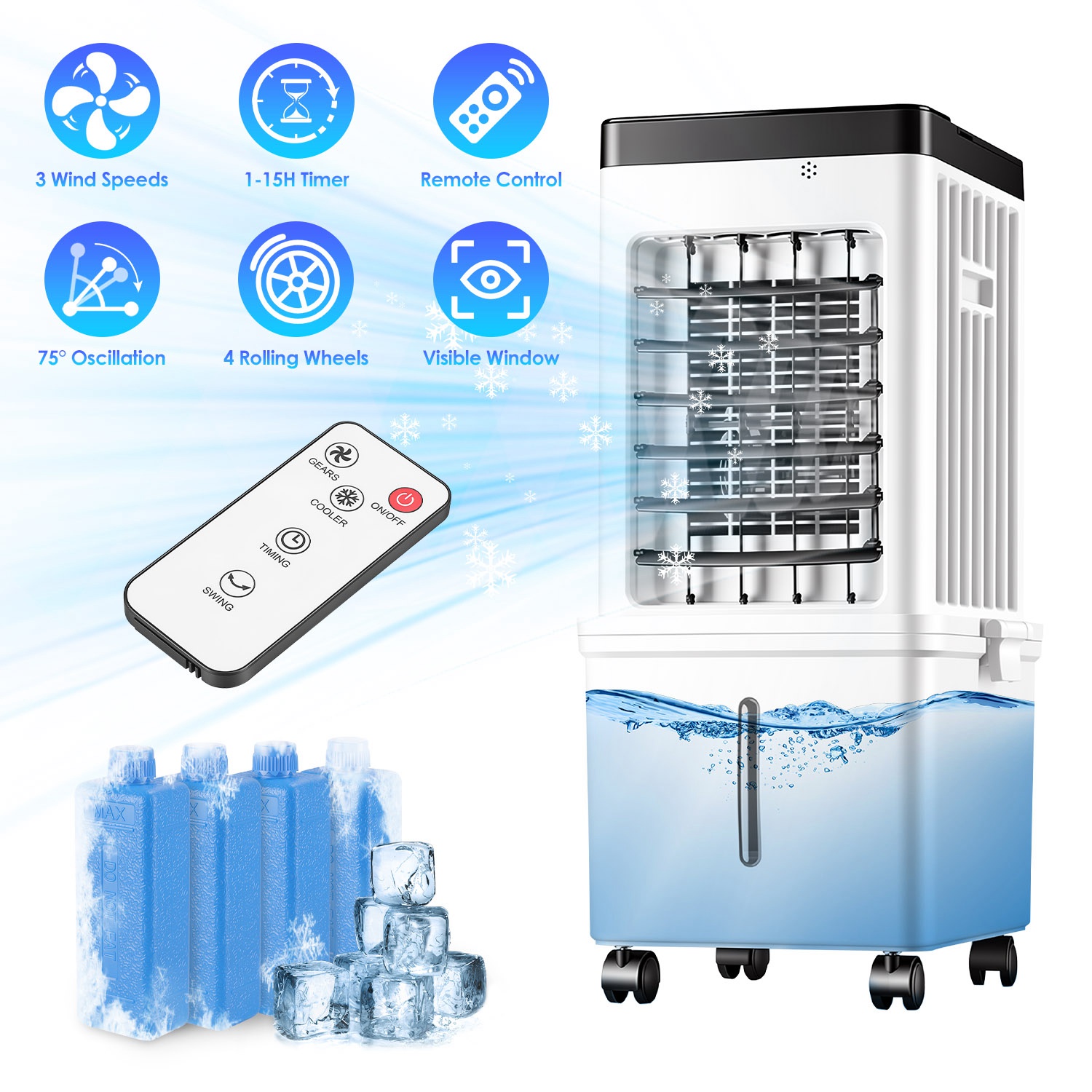 Portable Air Cooler Fan 12L Evaporative Air Conditioner With 3-Speed Dual Water Tank Touch & Remote Control 4 Wheels 4 Ice Packs Oscillation 15H Timer Visible Window For Bedroom Office Home — foto 4