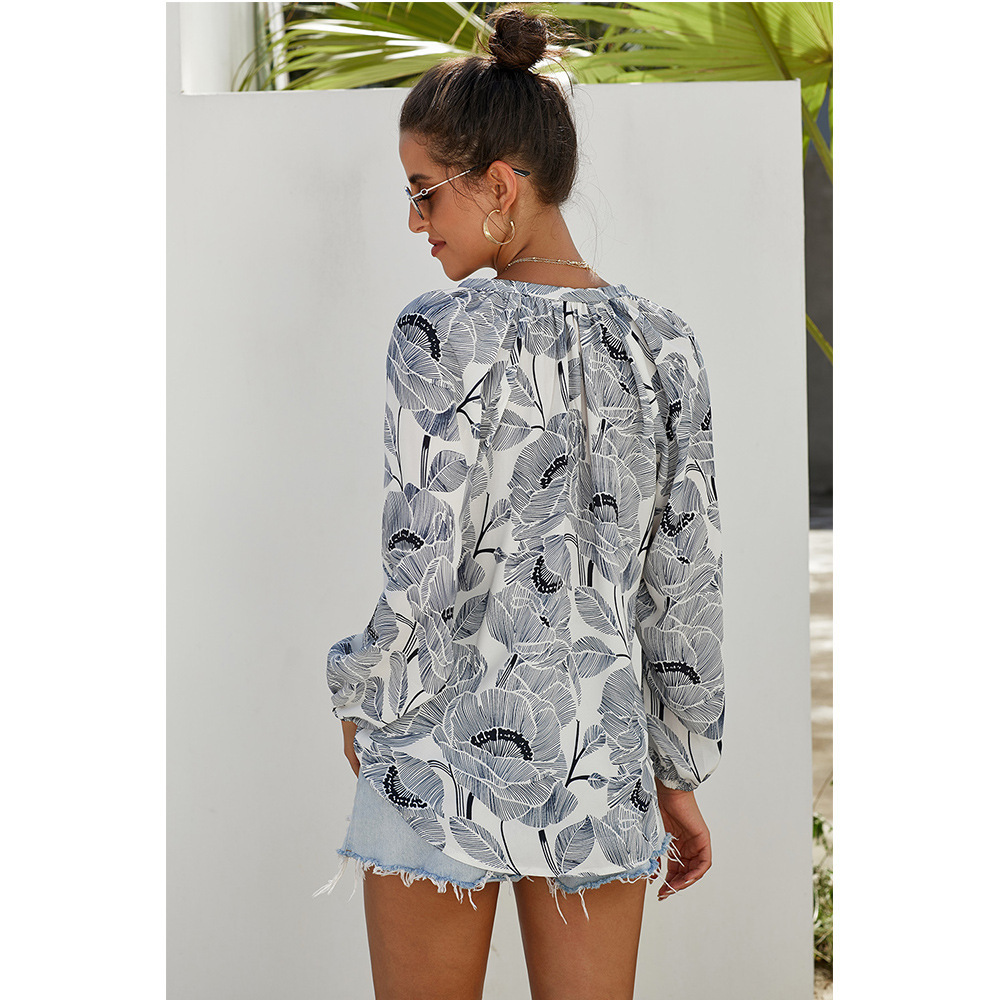 Ladies Printed Long Sleeve Loose Pullover Chiffon Top