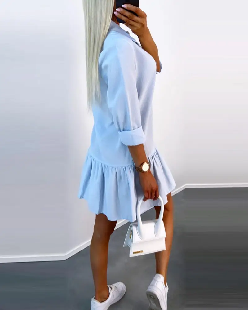 Pure Color Ruffles Casual Shirt Dress