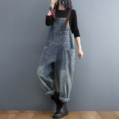 Plus Size Sister Clash-coloured Shoulder Strap Jeans Overalls - Blue - View 1
