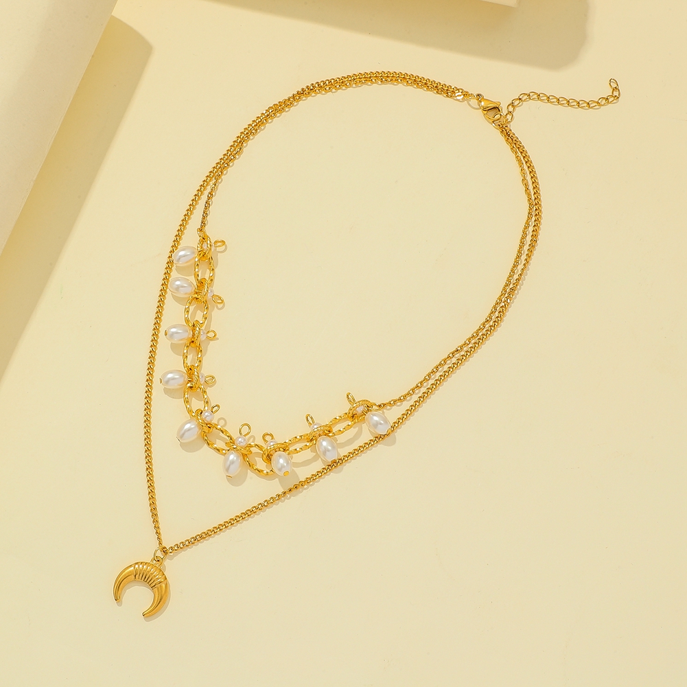 Stainless Steel Double Layer Golden Pearl Crooked Moon Necklace