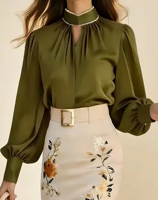 French Retro Style Stand Collar Puff Sleeve Blouse For Women