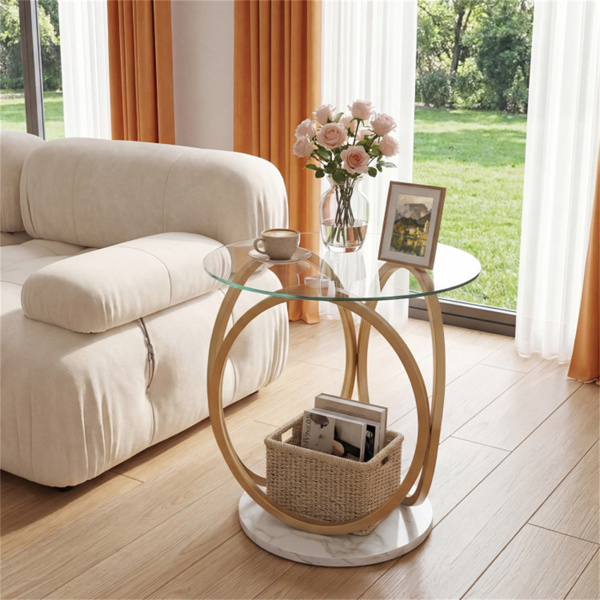 Modern Round Side Table With Tempered Glass And Marble Base_voghion.com