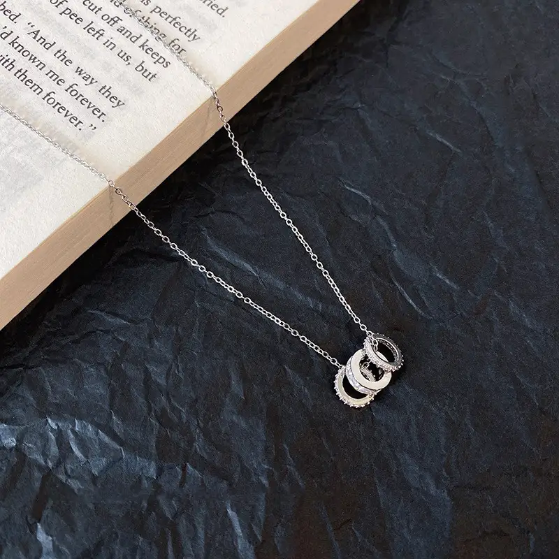 Multi-Layer Ring Pendant Necklace with Zircon Stones