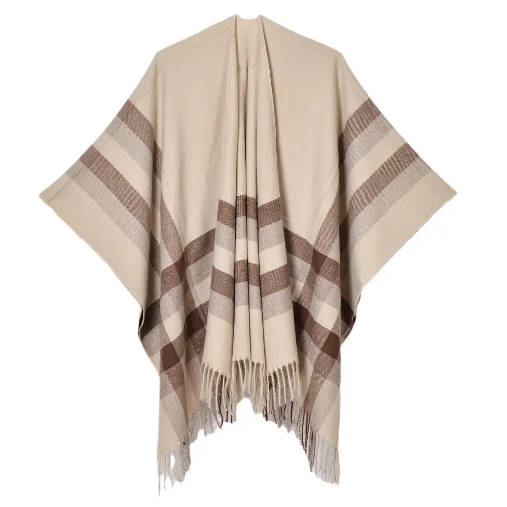 Women's Autumn Winter Silver Thread Stripe Plaid Shawl