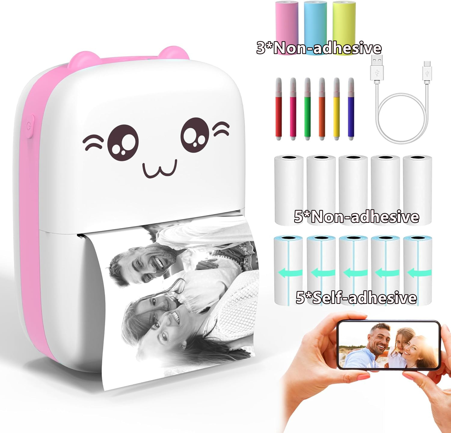 Bluetooth Inkless Mini Pocket Thermal Printer Sticker Photo Label Paper 6 Pens