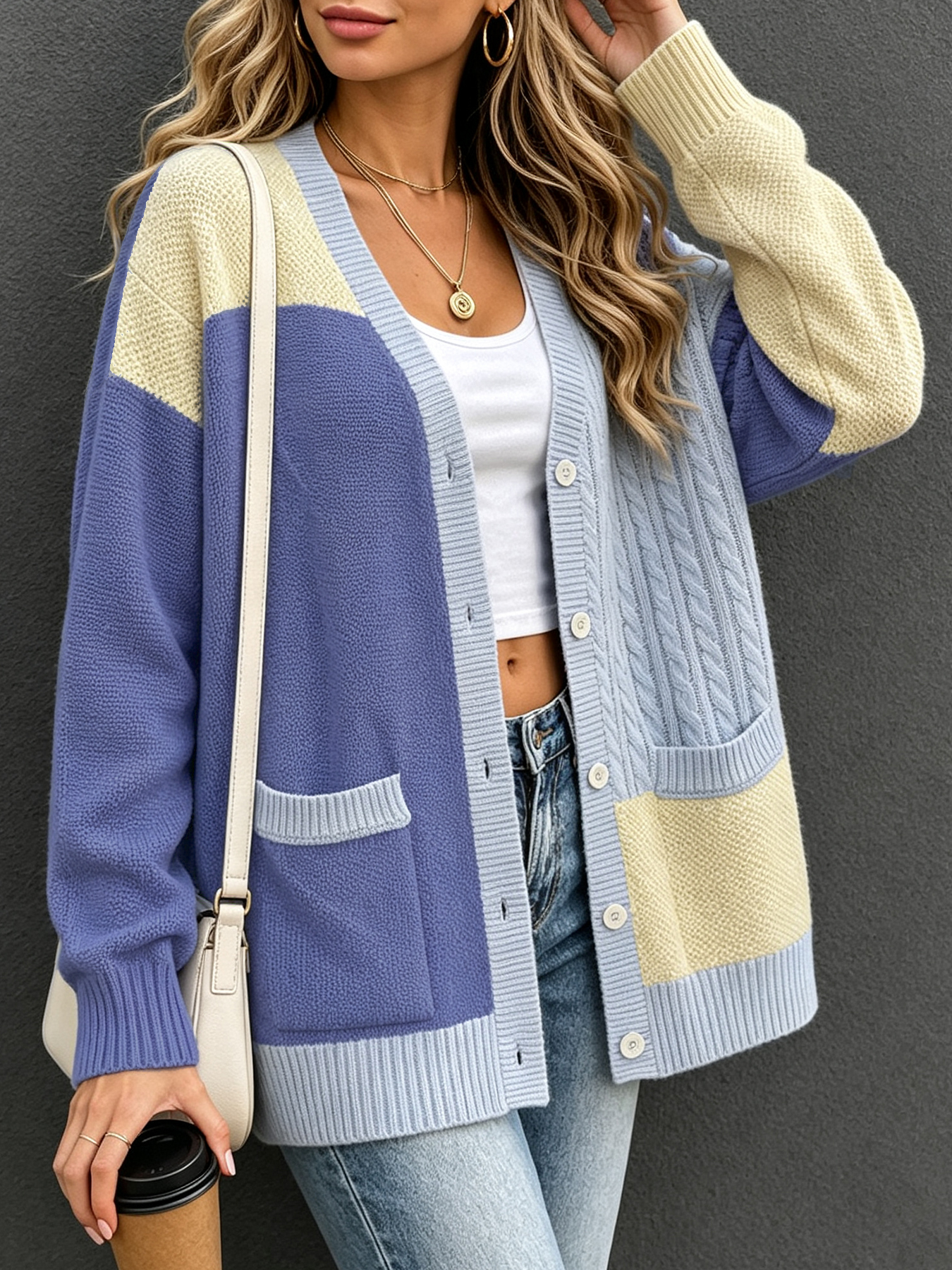 Preppy Style Color Block Knit Cardigan, Ladies Long Sleeve Cable Knit Button Front Sweater Outwear