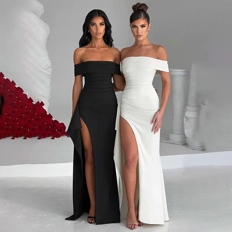 Women's Off-Shoulder Bodycon Maxi Dress with High Slit