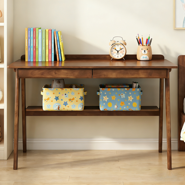 Solid Wood Writing Desk, Home Office Desk For Small Spaces, Mid Century Modern Desks With 2 Drawers & Storage Shelf, Standing Desk With Side Hooks For Study, Bedroom, Office  Walnut — foto 2
