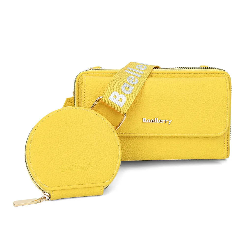 Lychee Texture Composite Bag Fashion Mobile Phone Bag With Small Coin Purse Letter Print Zipper Crossbody Shoulder Bag - Yellow