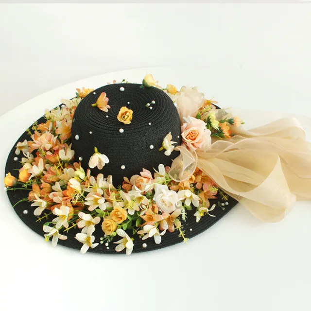 Ladies Handmade Flower Big Brim Straw Hat Mm244 Champagne Straw Hat - Shop at LoveMi