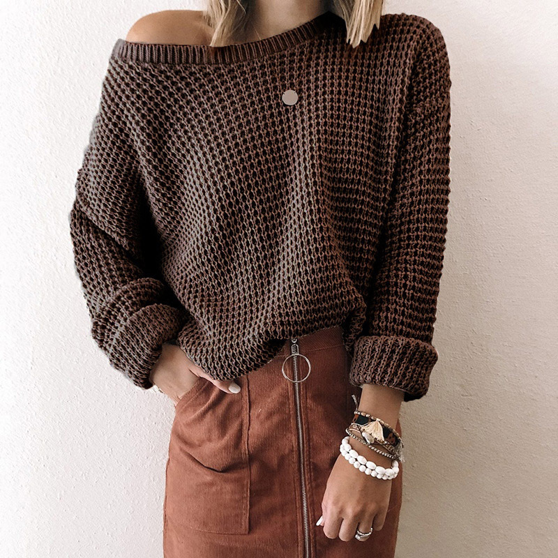 Solid Color Loose Slant Collar Short Top Long Sleeve Knitted Sweater