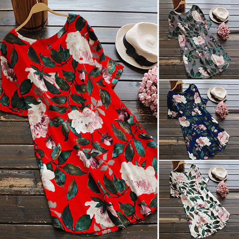 Cotton Linen Round-neck Printed Sweet And Loose Short Sleeve Dress