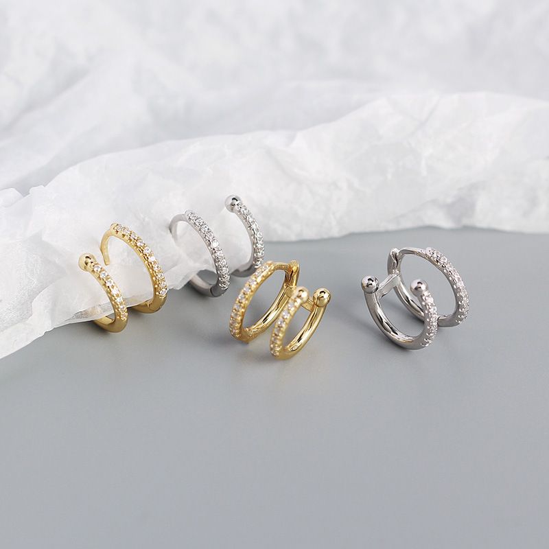 S925 Silver Geometric Metal Double Round Micro Inlaid Zircon Ear Buckle Earrings