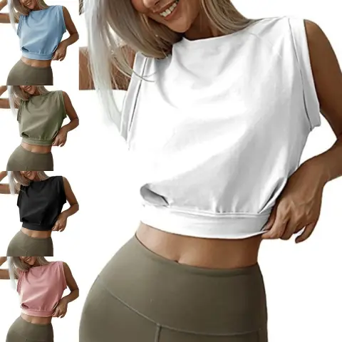 Sexy Navel-Exposed Sweatshirt Summer Loose Sleeveless T-Shirt Running Fitness