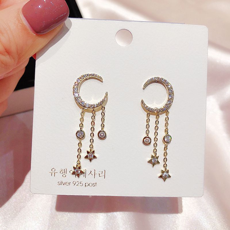Stars And Moon Zircon Tassel Earrings Temperament Long All-match