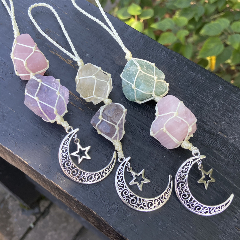 Colorful Handmade Double Natural Raw Stone Hanging Car Ornament Decor Home Indoor Decoration Ornaments With Moon Star Pendant