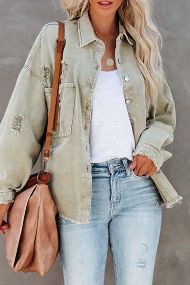 Women's Denim Jacket Long Sleeve Raw Edge Ripped Denim Jacket Green - Shop at LoveMi