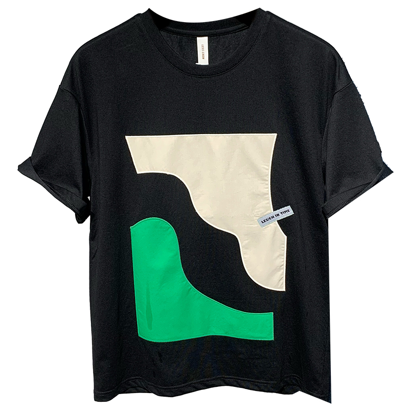 Title 3, Street Fashion Color Block Print Round Neck Sho...