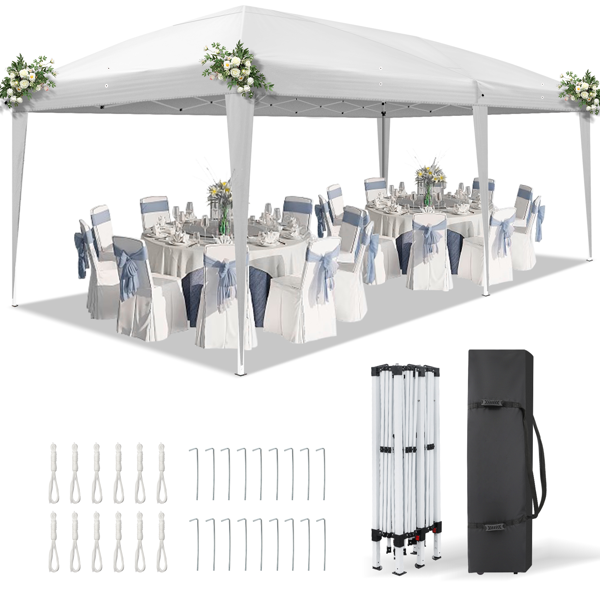 Instant Up Canopy Tent White, No Sidewalls Design, Powder Coated Steel Frame, 10x20mm Crossbar, 210D Oxford Outdoor Folding Tent With Carry Bag, No Sandbags