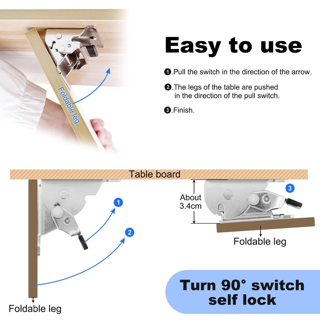 4x Folding Table Chair Leg Hinges 90 Degree Self-Locking Bracket Hinge Hardware 6