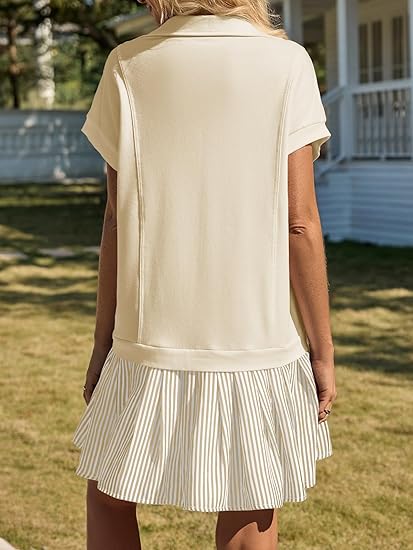 women’s patchwork striped polo v‑neck dress