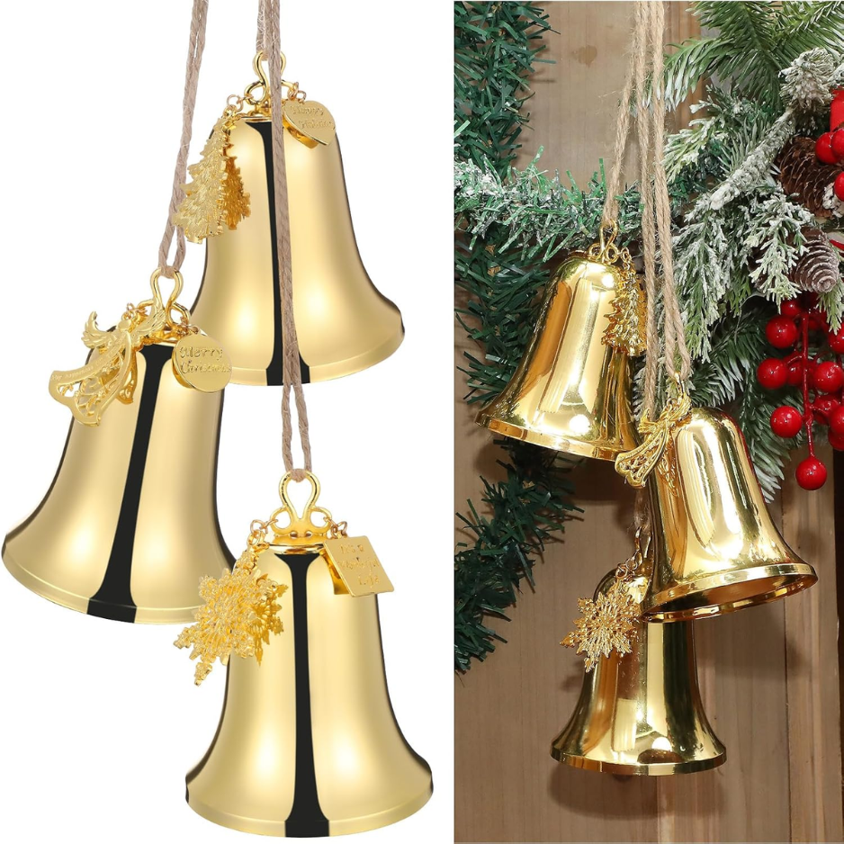1 Set Large Christmas Bell Ornament Set, Gold Metal Hanging Bells With Rope, Xmas Tree Decorations For Indoor & Outdoor