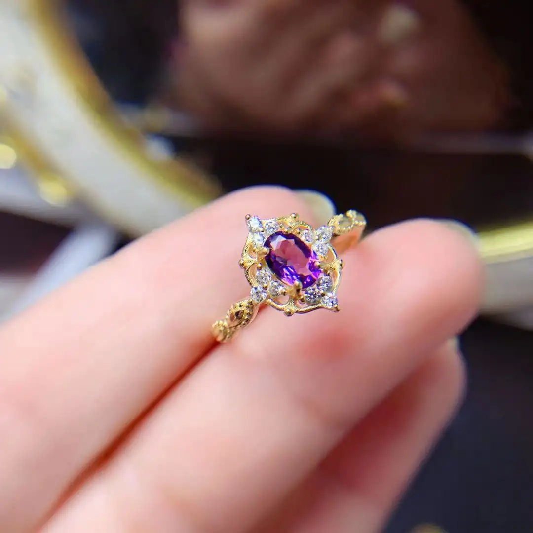 925 Silver Yellow Gold Plated Amethyst Morganite Precious Women's Ring
