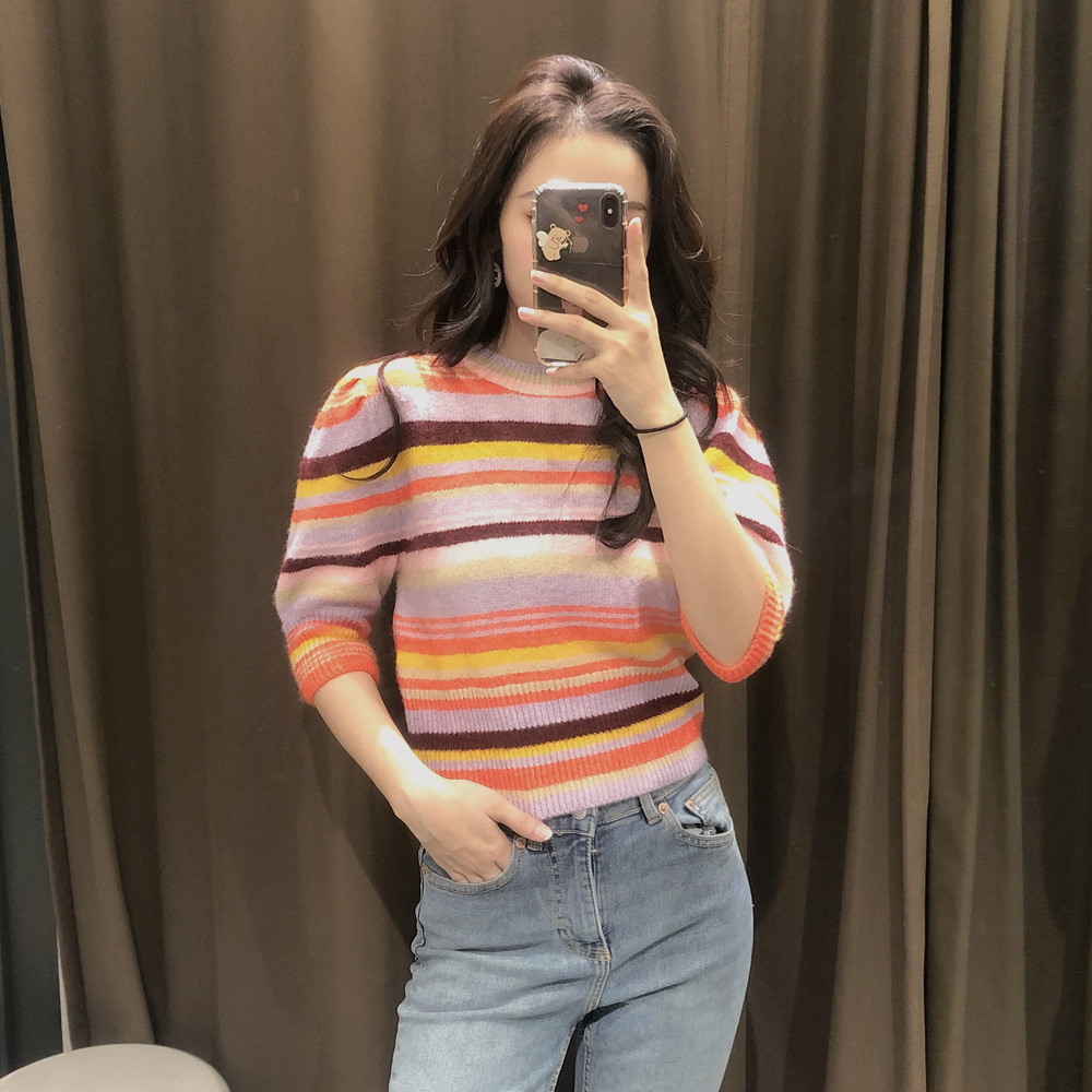 Title 9, Stripe Puffy Sleeve Round Neck Short Sweater Woman