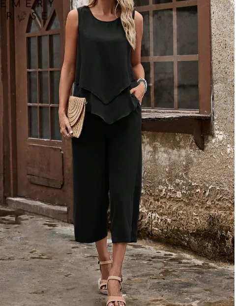 Women Summer Solid Color Asymmetric Hem Camisole And Pants Set Black - Shop at LoveMi