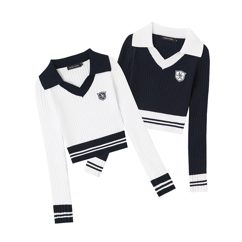 Women's Preppy Style Colorblock Long-sleeved Knitted Short Slim Top - Image 5