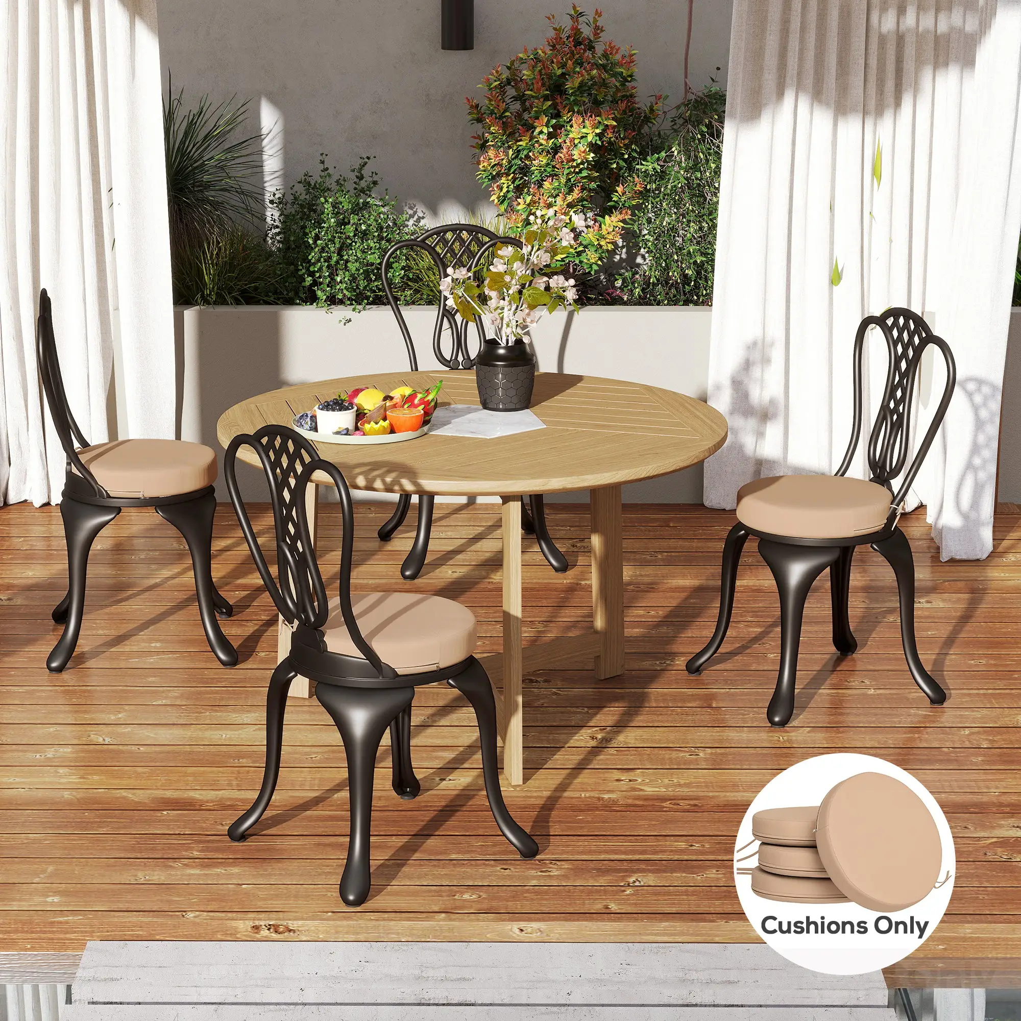 Patio Chair Cushions Set Of 4 Round Seat Cushions For Dining Bistro Chairs Machine Washable, 15 X 15 X 3, Khaki