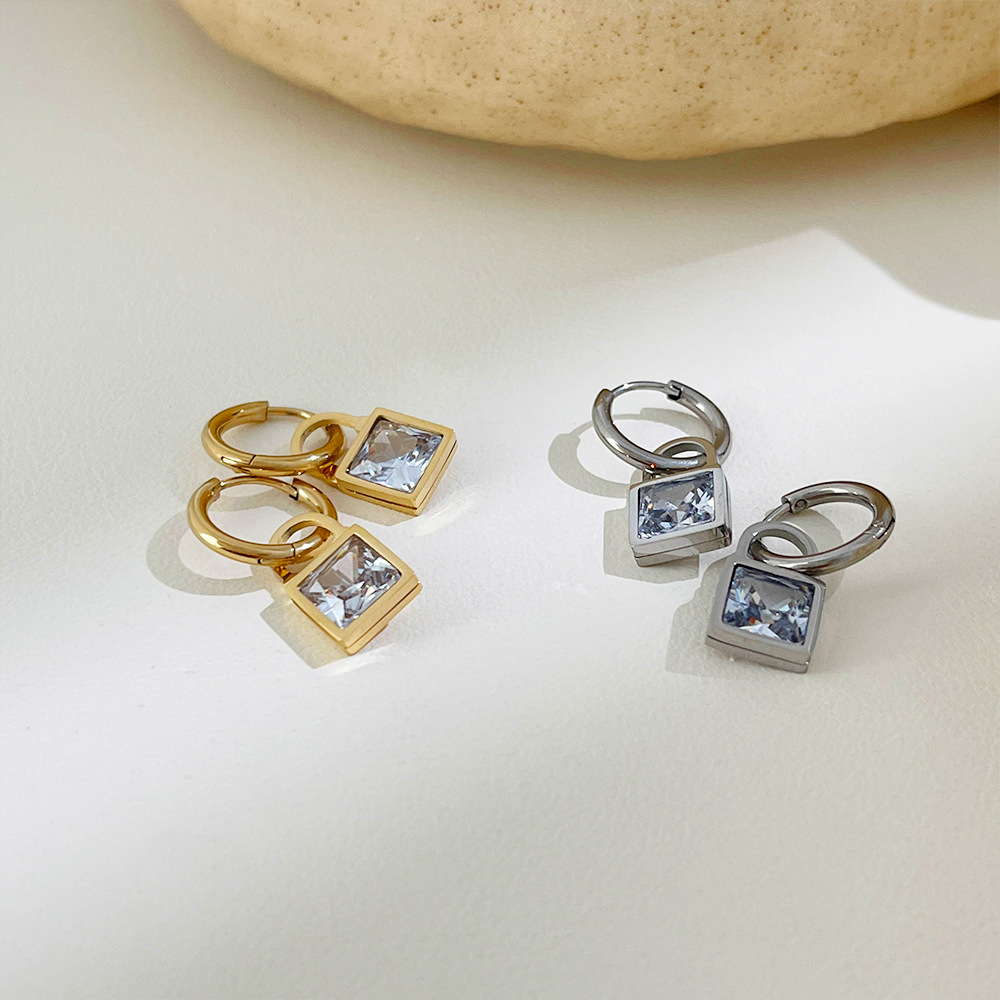 Women's Stainless Steel Square Cubic Zirconia Lock Drop Earrings