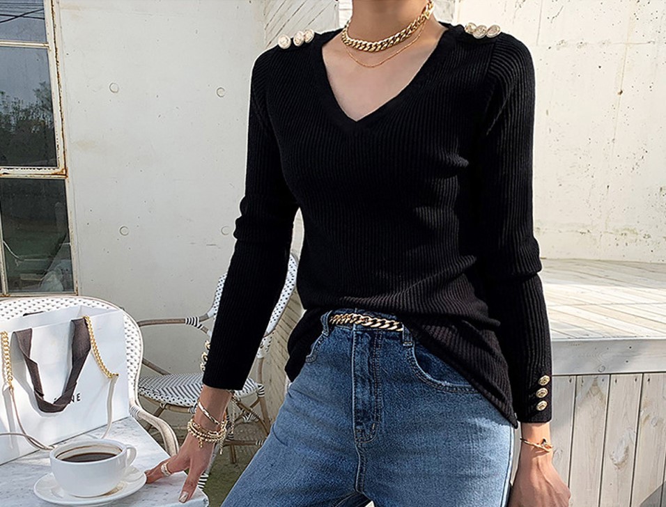 Sweater V-neck Pullover Long Sleeve Thick Knit