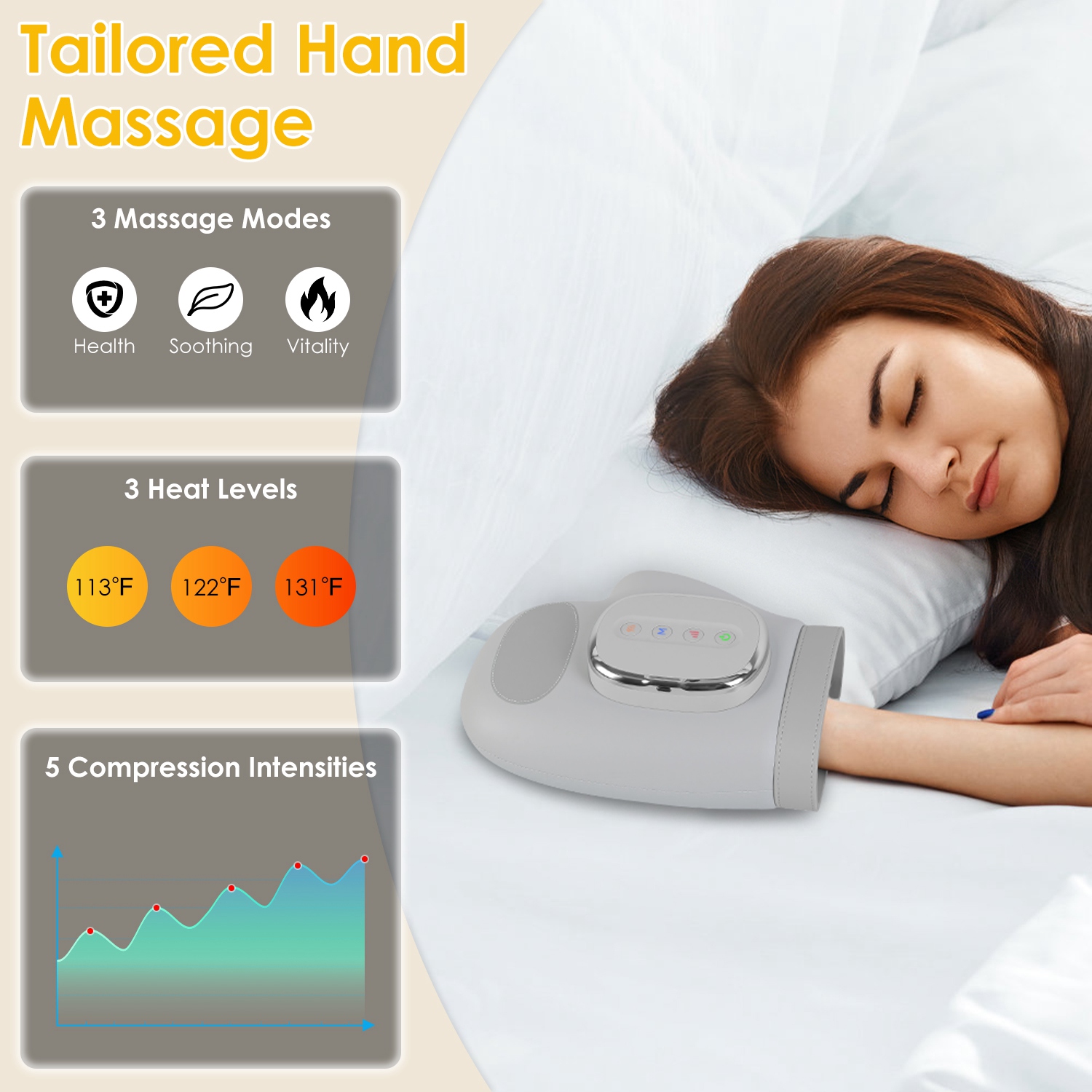 1Pc Hand Massager With Heat Compression Cordless Hand Massager For Arthritis Carpal Tunnel With 3 Modes 3 Heat Levels 5 Intensity Levels Disposable Gloves Finger Massager Carry Bag