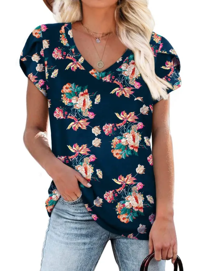 Tie Dyed Floral V neck Loose Women's T shirt Color7 - Shop at LoveMi